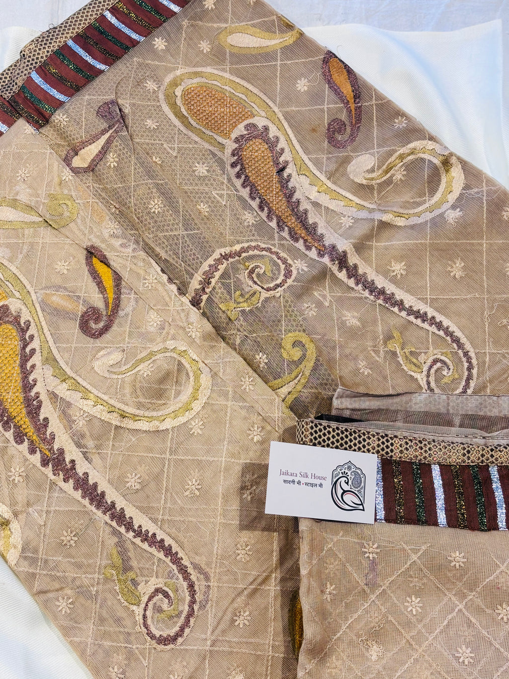 Sand Biege Kota Check Saree with Patch Border & Embroidery Work