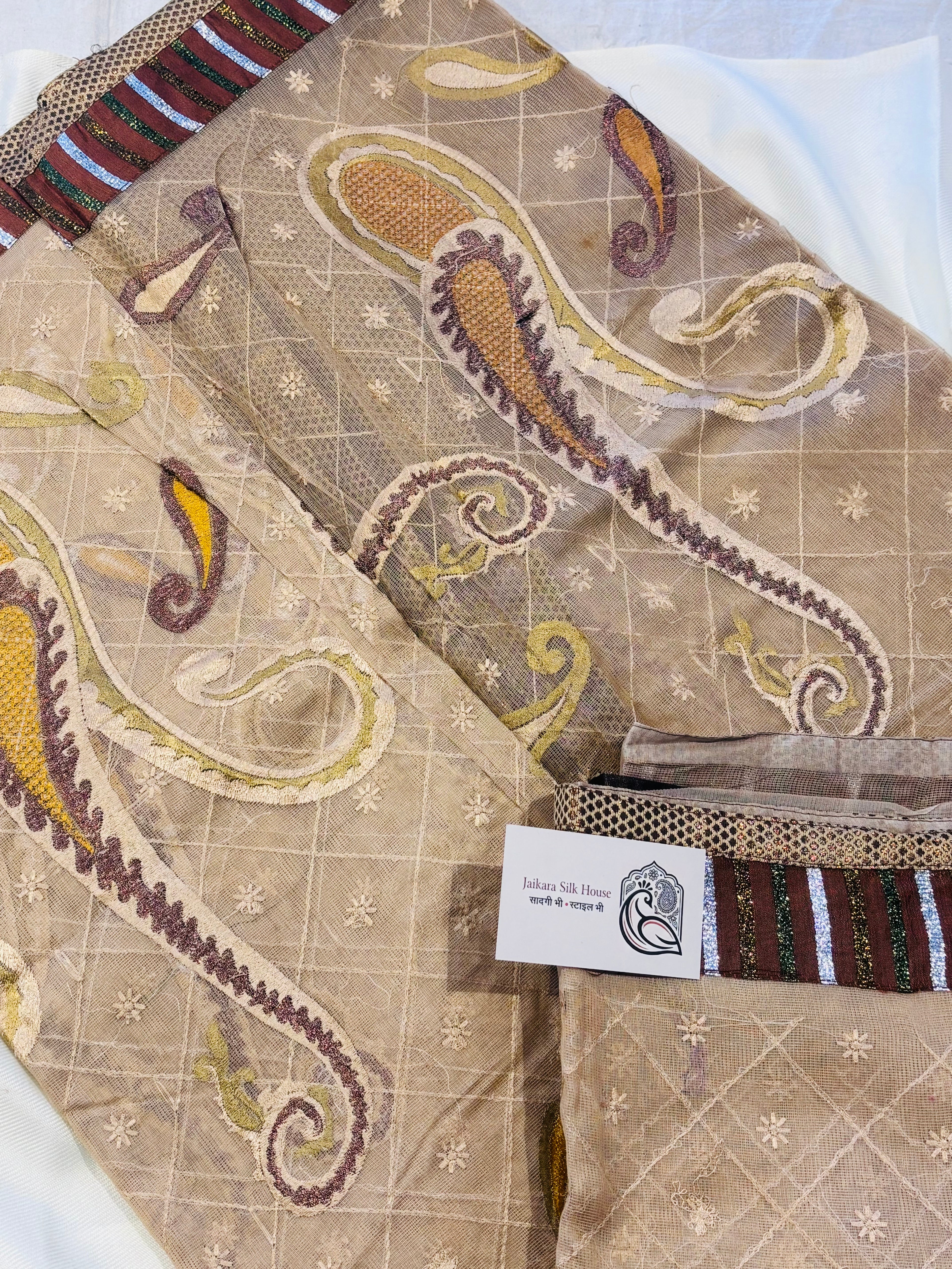 Sand Biege Kota Check Saree with Patch Border & Embroidery Work