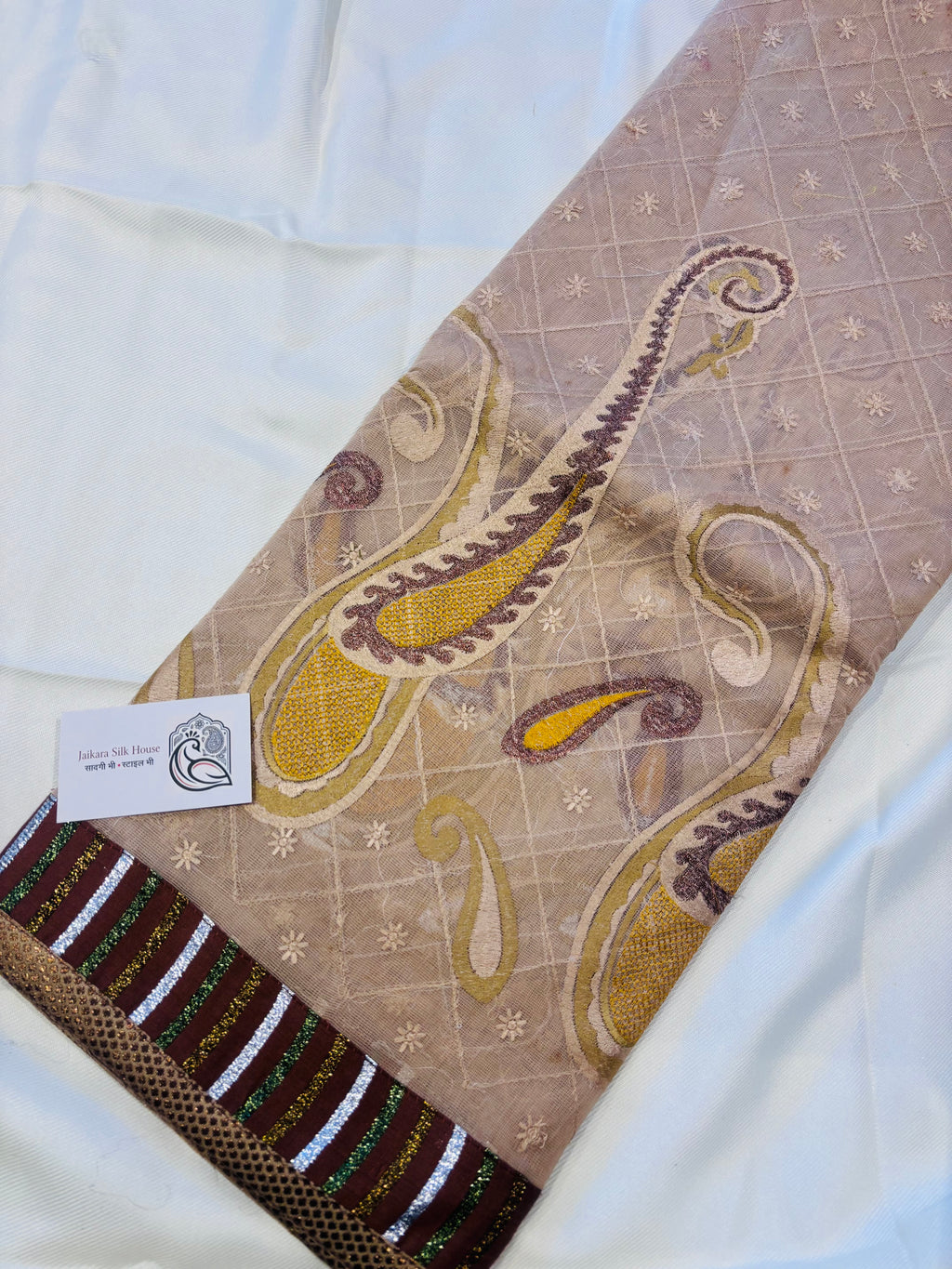 Sand Biege Kota Check Saree with Patch Border & Embroidery Work