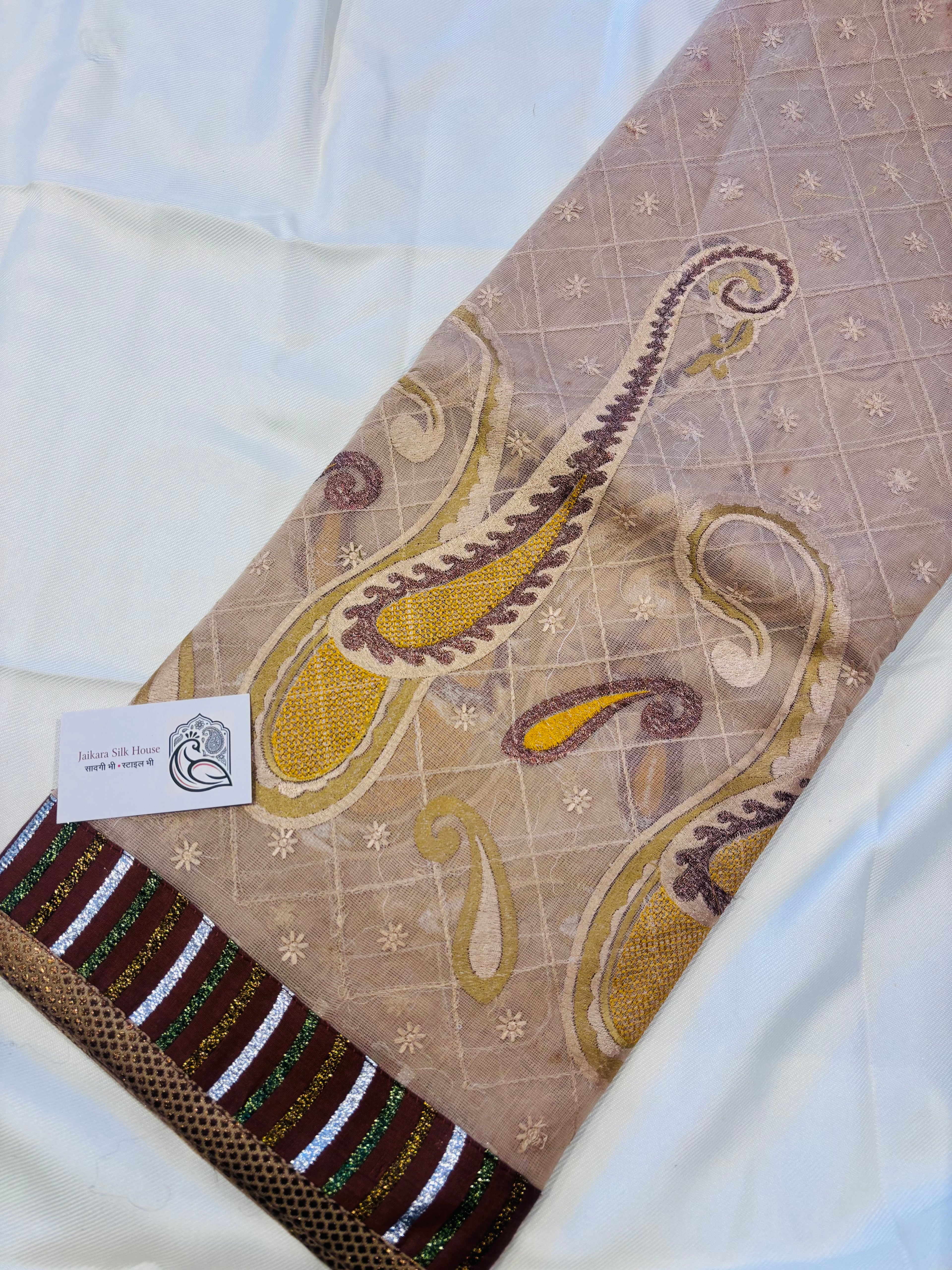 Sand Biege Kota Check Saree with Patch Border & Embroidery Work