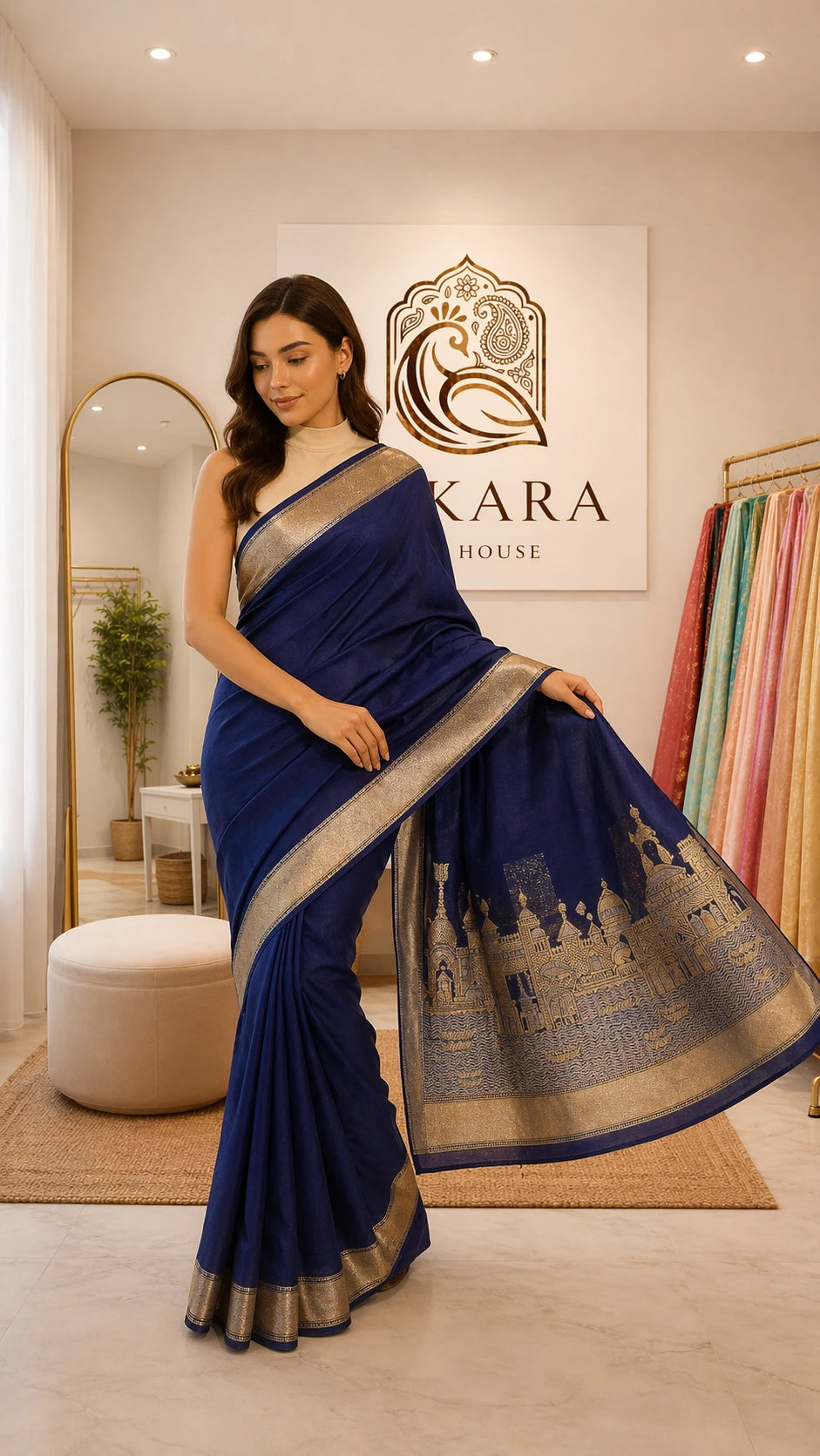 Blue Banaras Ghats Weaved Silk Saree