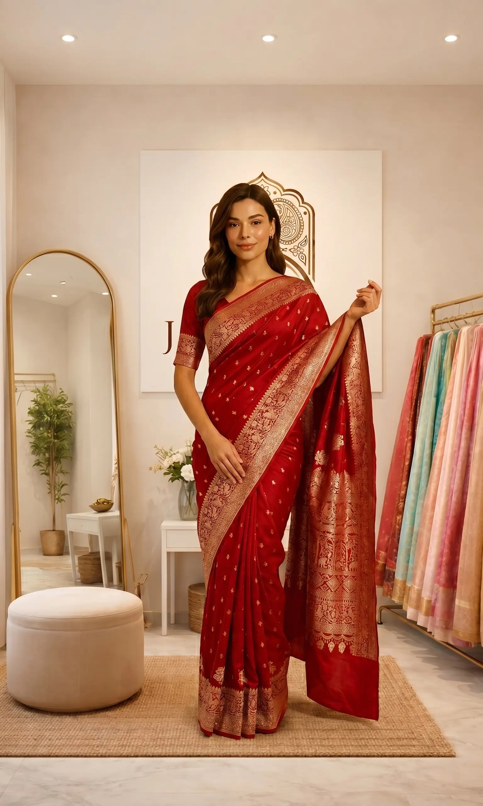 Blush Red Khaddi Georgette Saree with Antique Zari