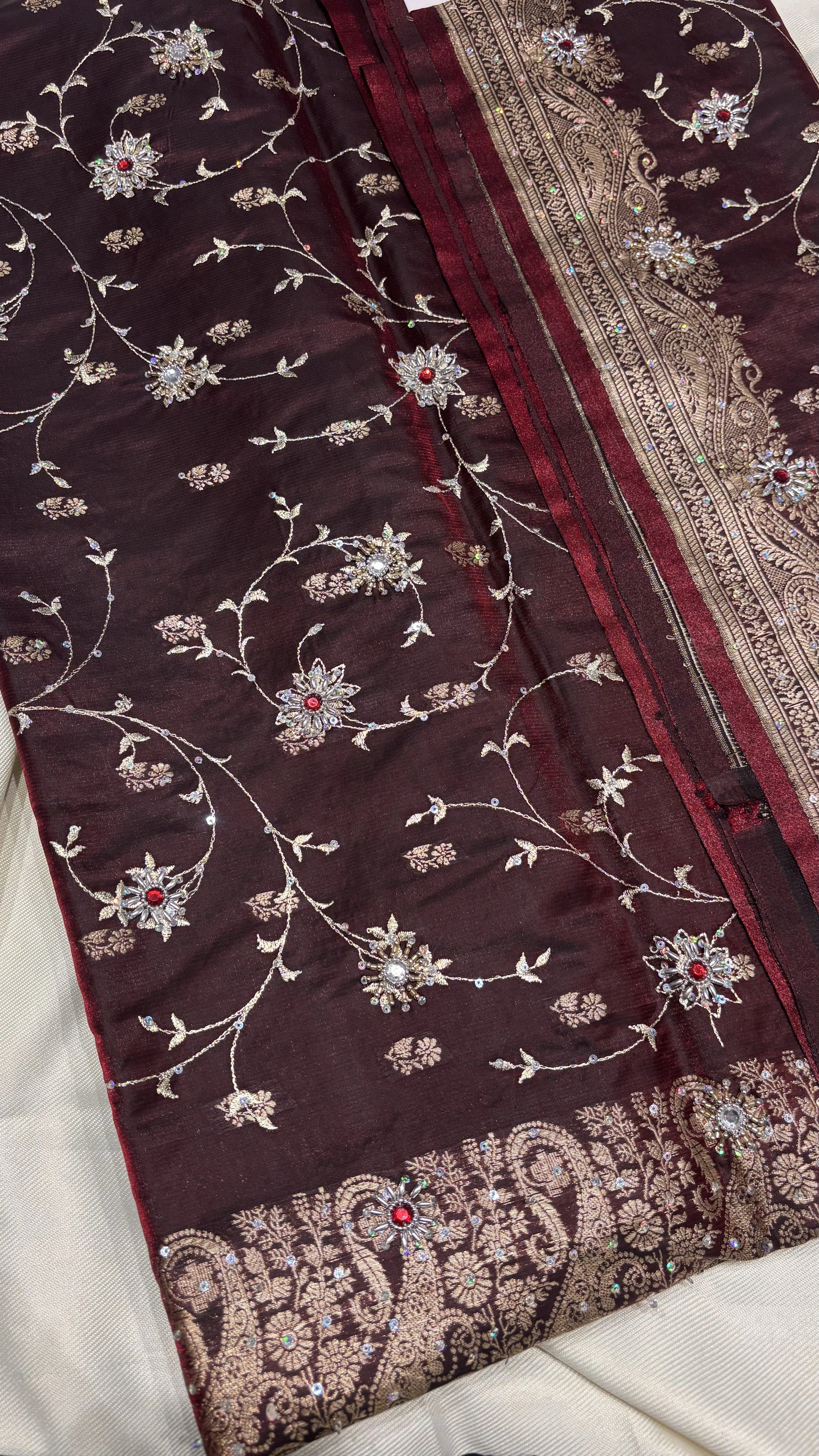 Burgundy Wine Semi Satin Silk Zardozi Saree