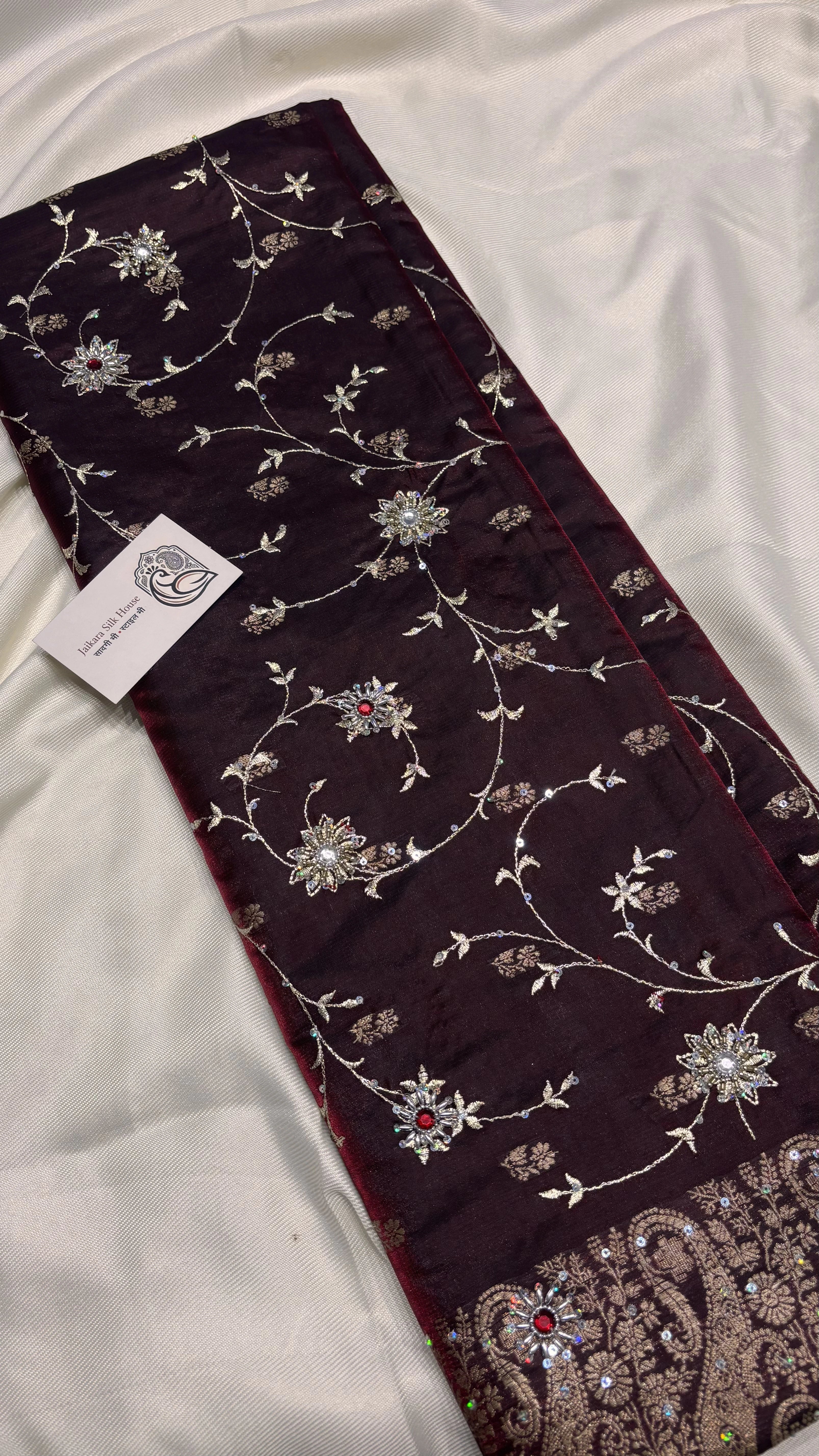 Burgundy Wine Semi Satin Silk Zardozi Saree