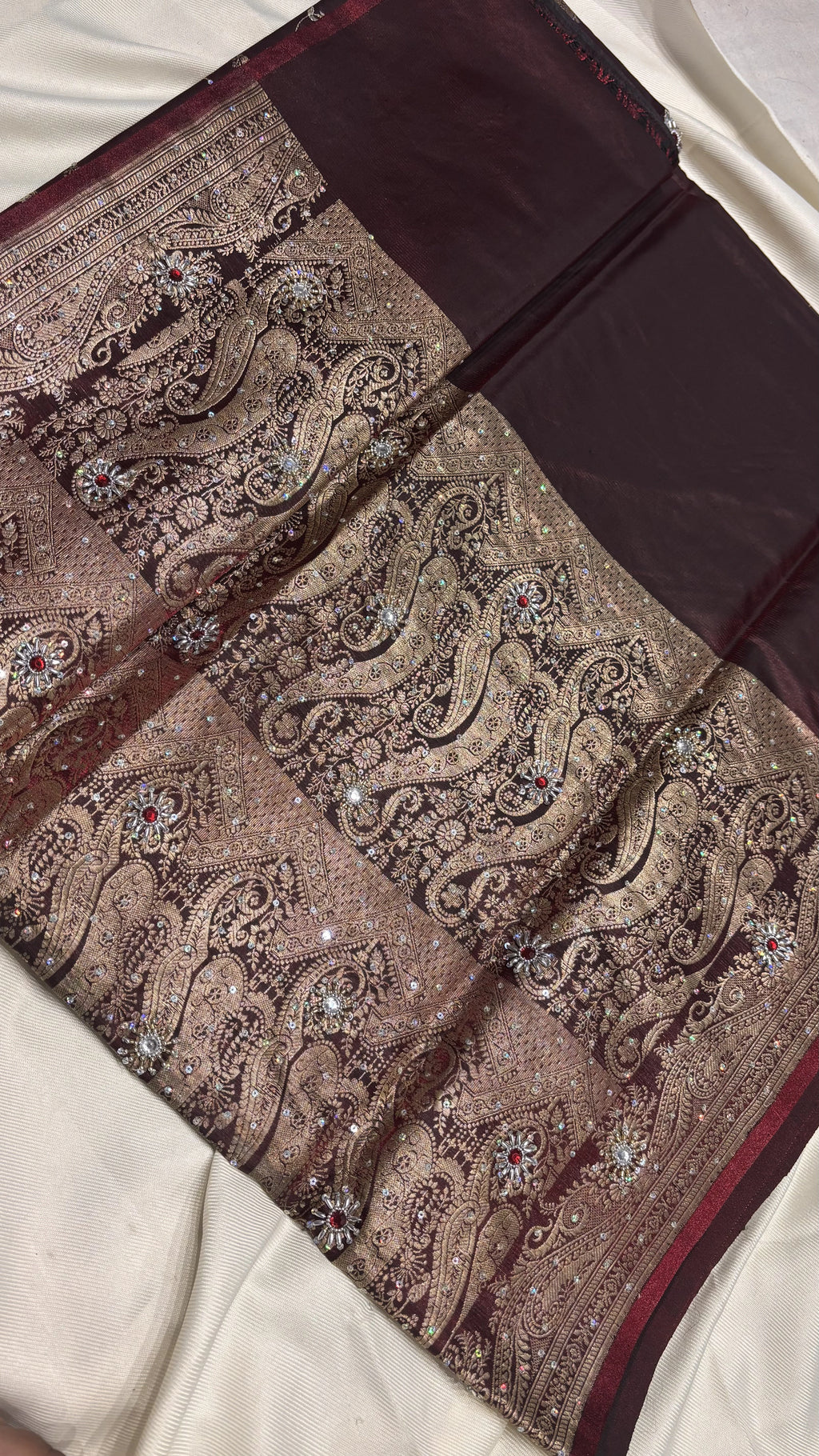 Burgundy Wine Semi Satin Silk Zardozi Saree