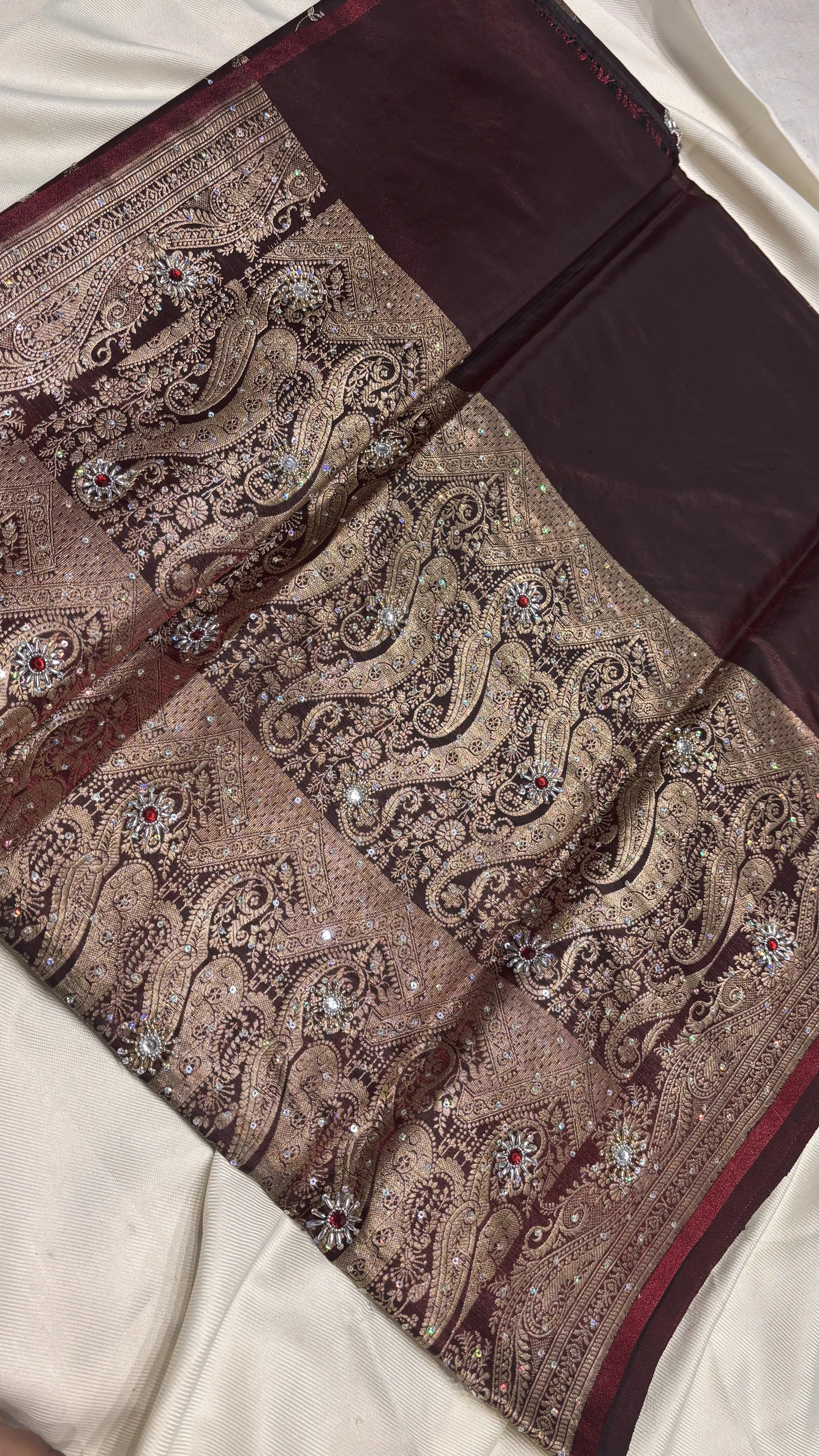 Burgundy Wine Semi Satin Silk Zardozi Saree