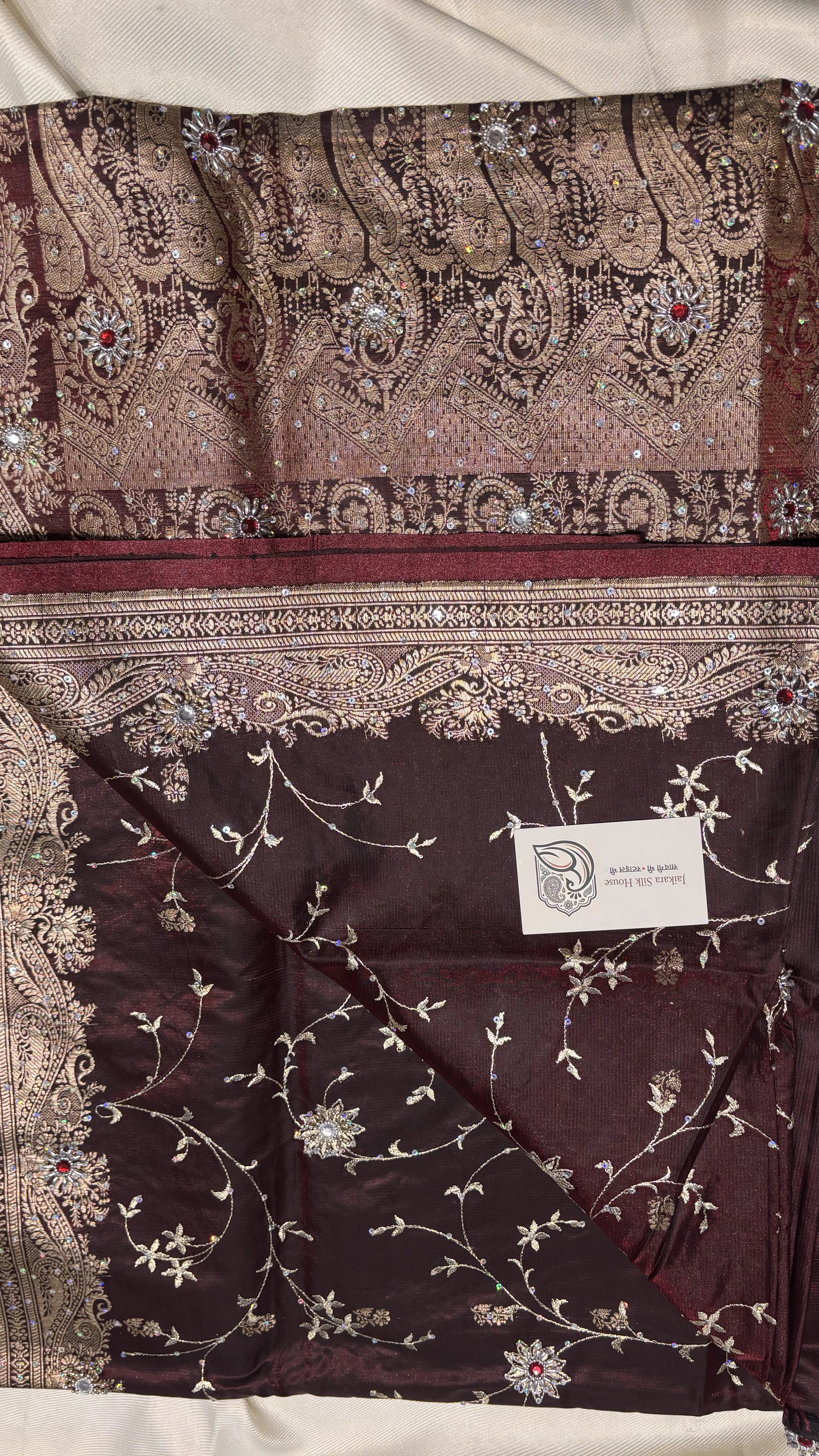 Burgundy Wine Semi Satin Silk Zardozi Saree