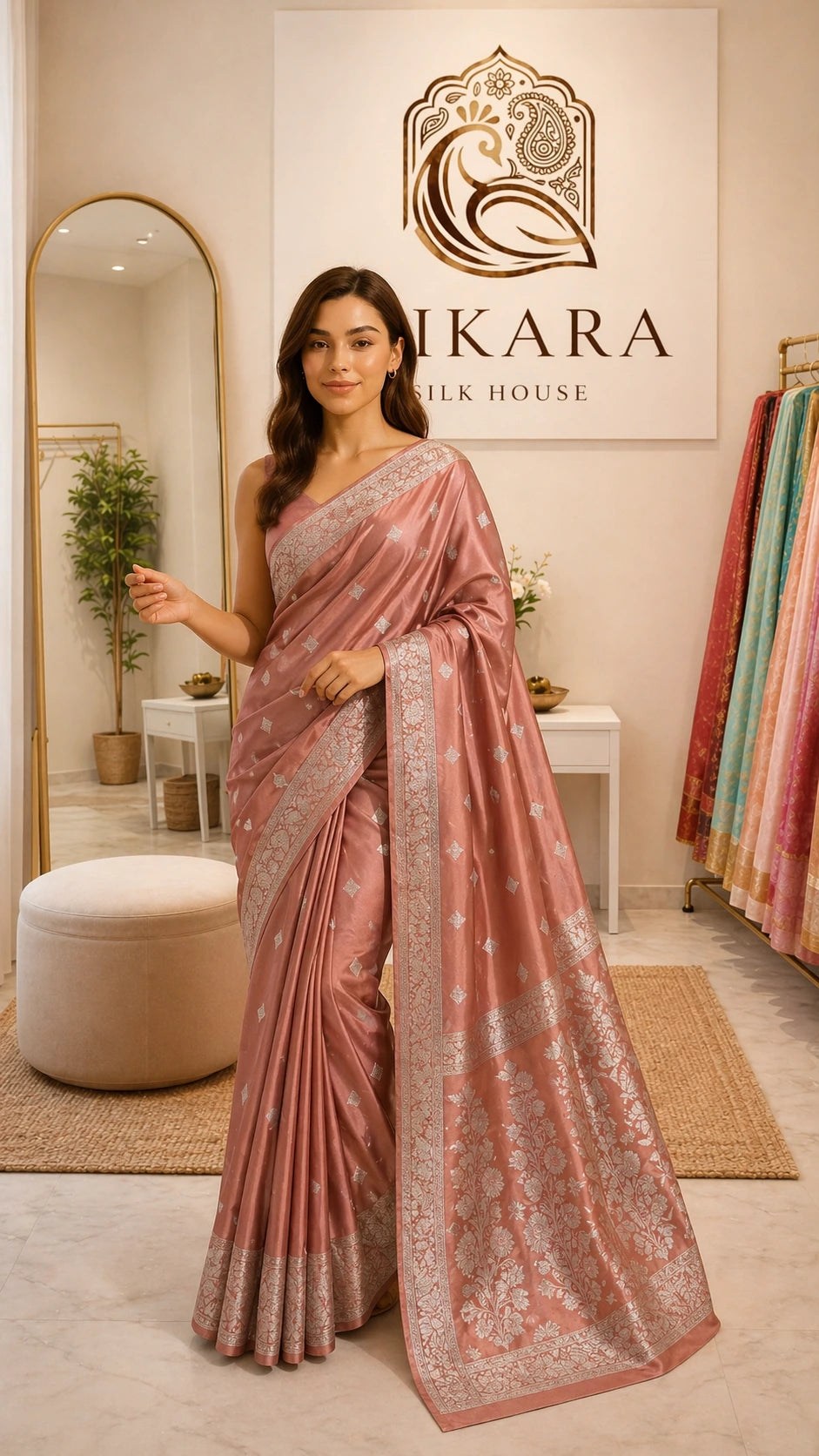 Coral Pink Mashru Silk Booti Jaal Saree