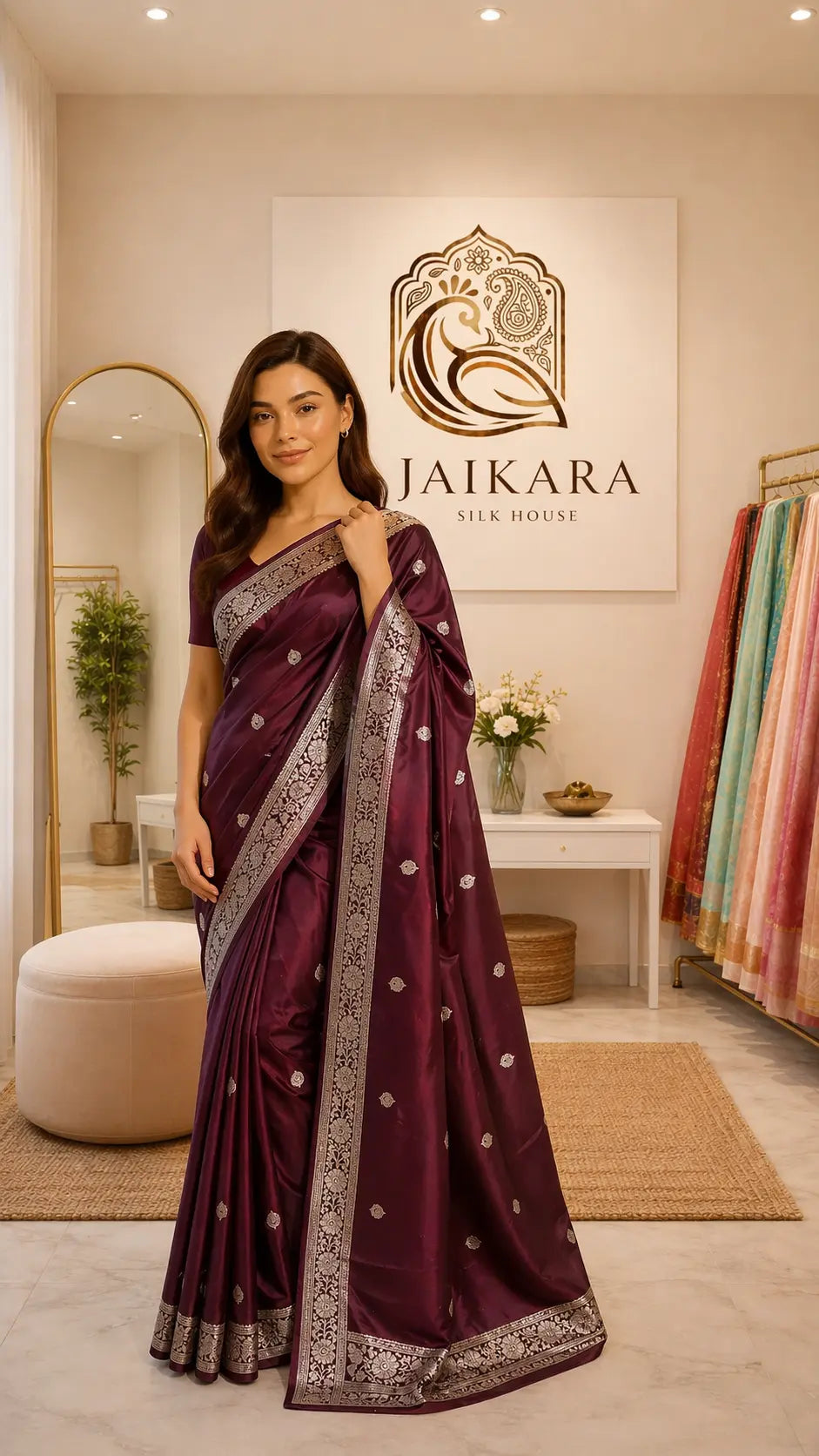 Garnet Mashru Silk Booti Jaal Saree