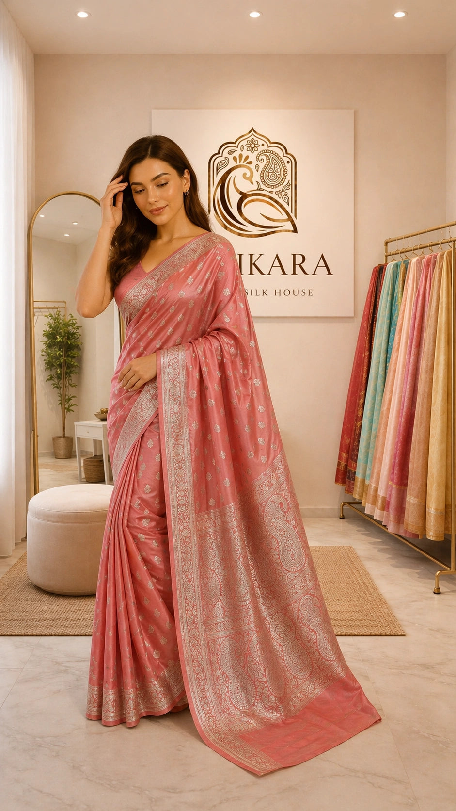 Peach Mashru Silk Booti Jaal Saree
