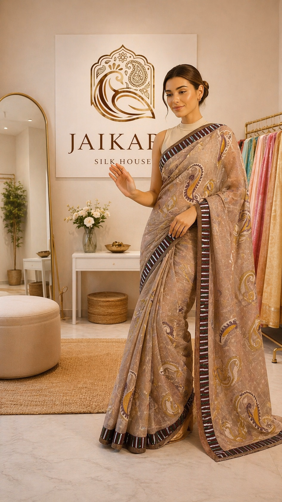 Sand Biege Kota Check Saree with Patch Border & Embroidery Work