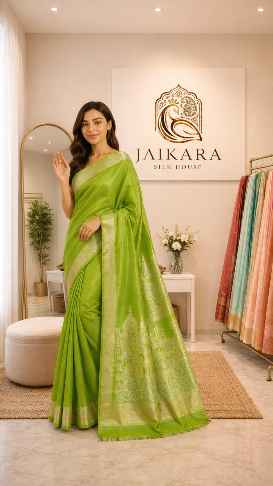 Green Banaras Ghats Weaved Silk Saree