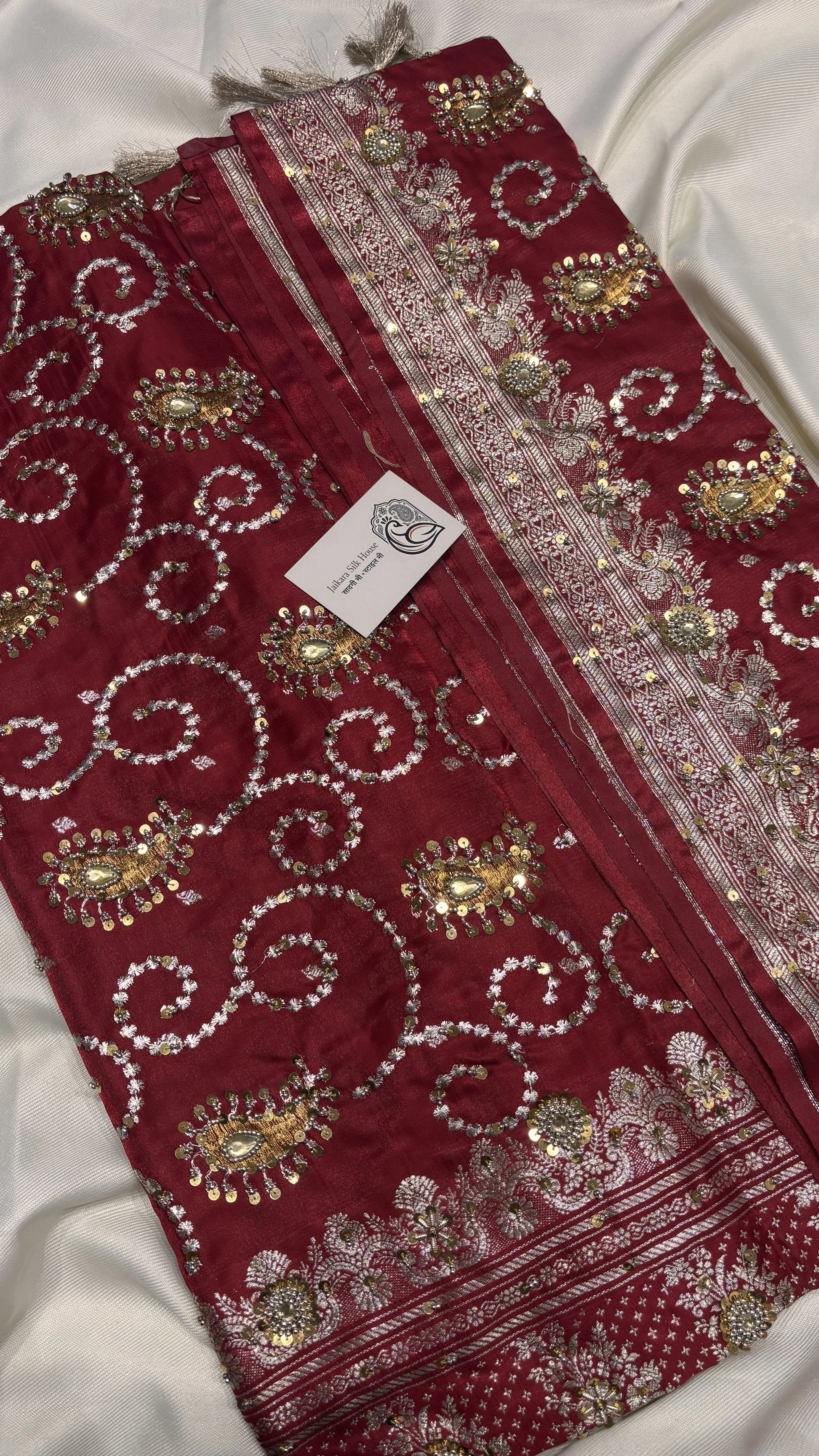 Maroon Semi Satin Silk Zardozi Saree