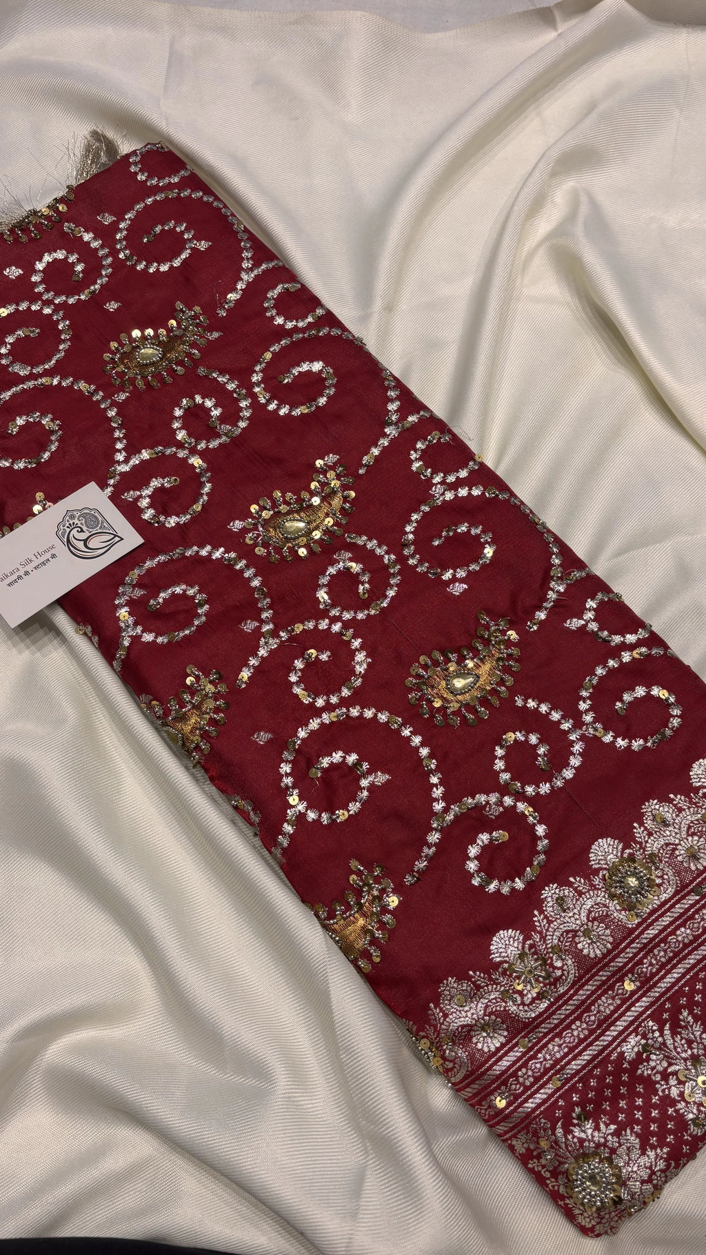 Maroon Semi Satin Silk Zardozi Saree