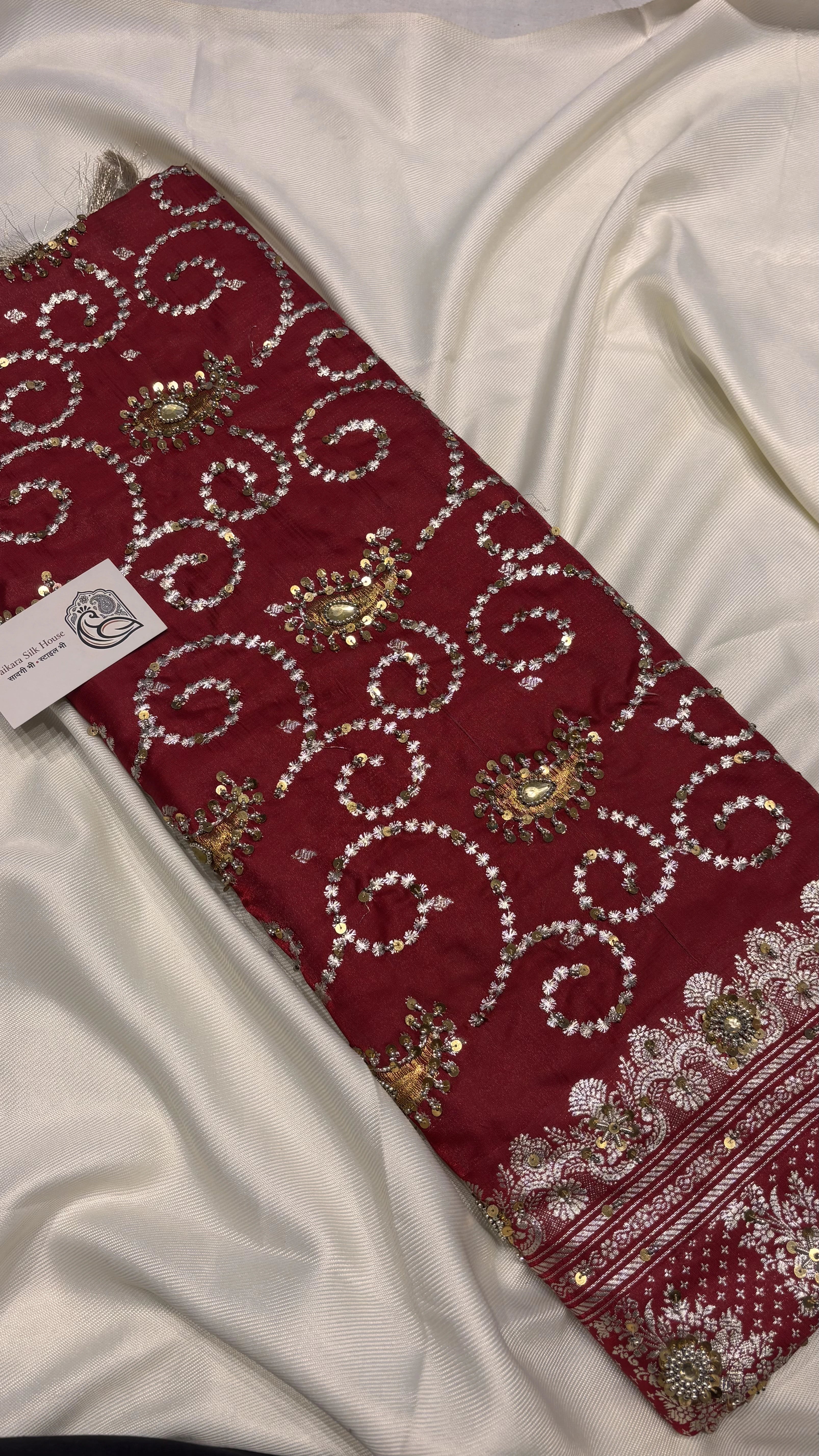 Maroon Semi Satin Silk Zardozi Saree