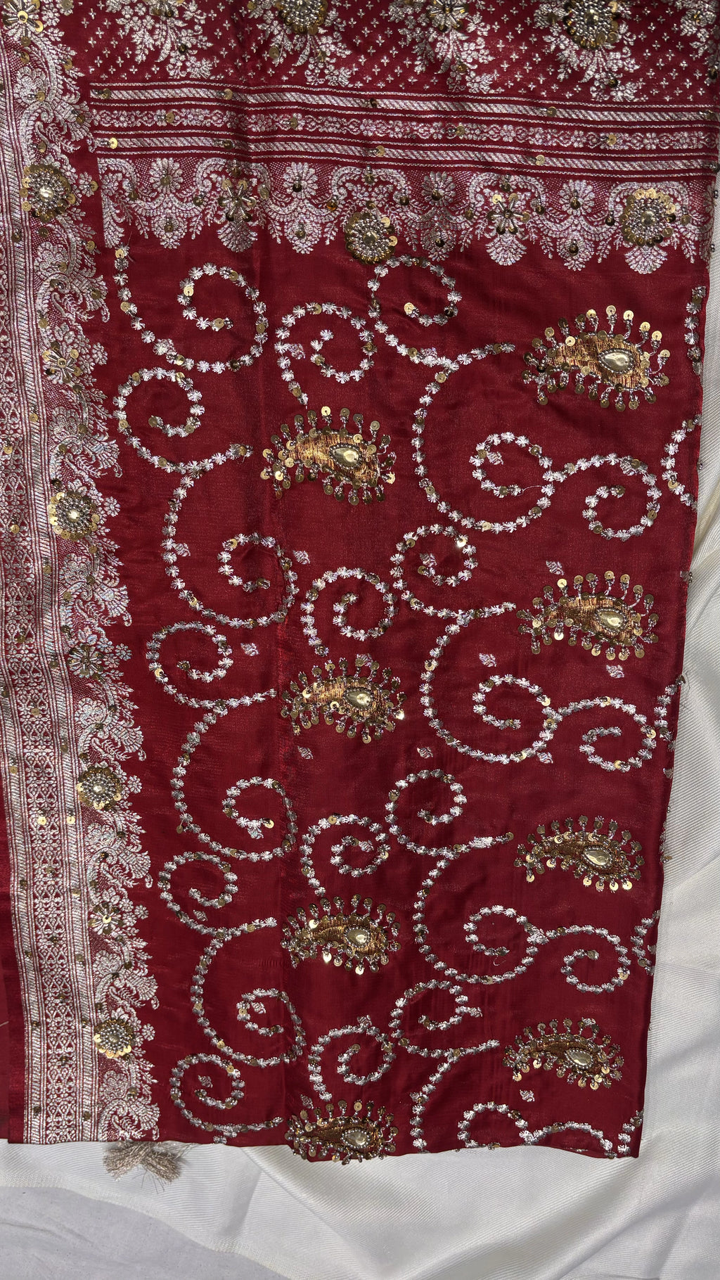 Maroon Semi Satin Silk Zardozi Saree
