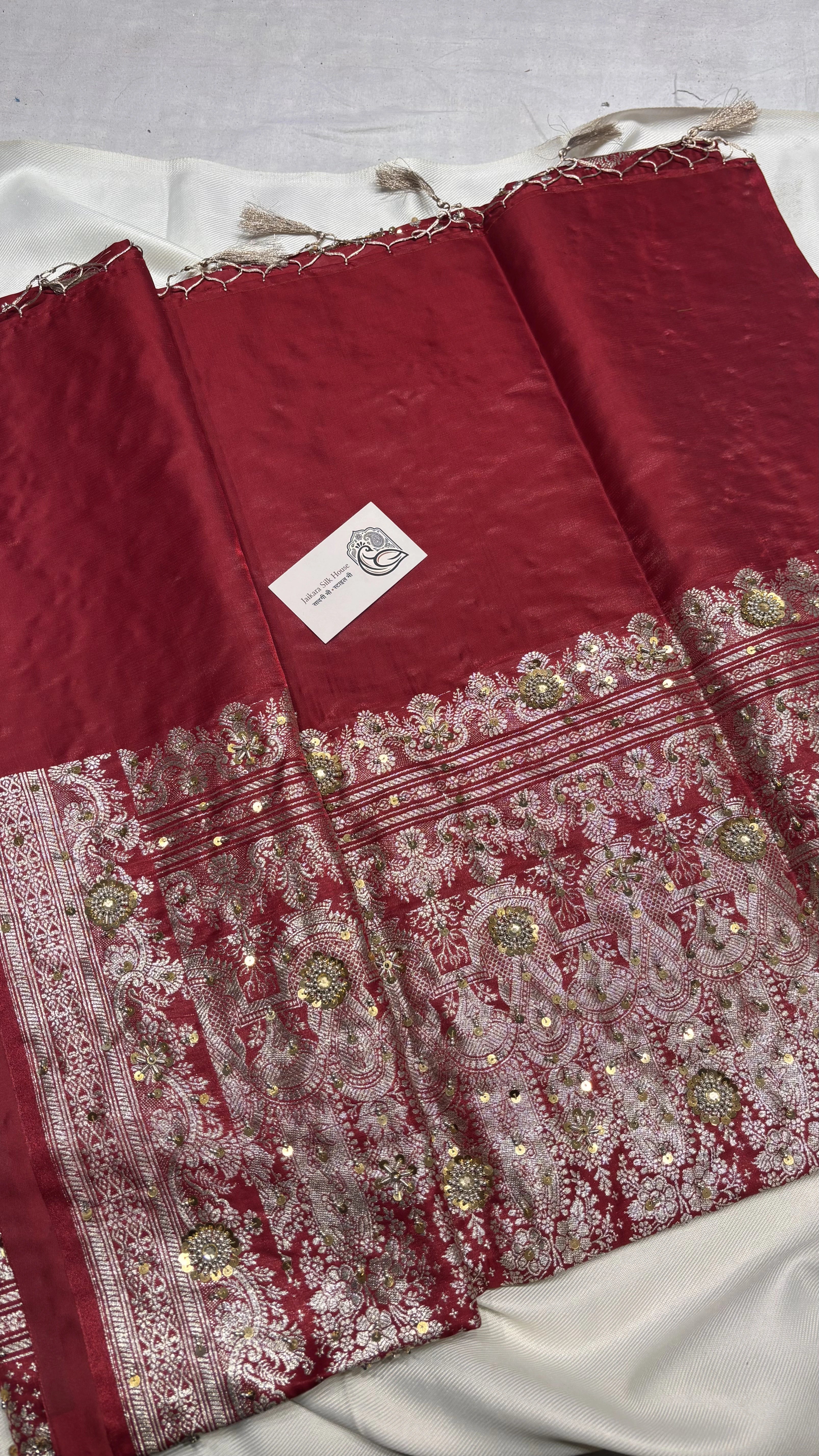 Maroon Semi Satin Silk Zardozi Saree