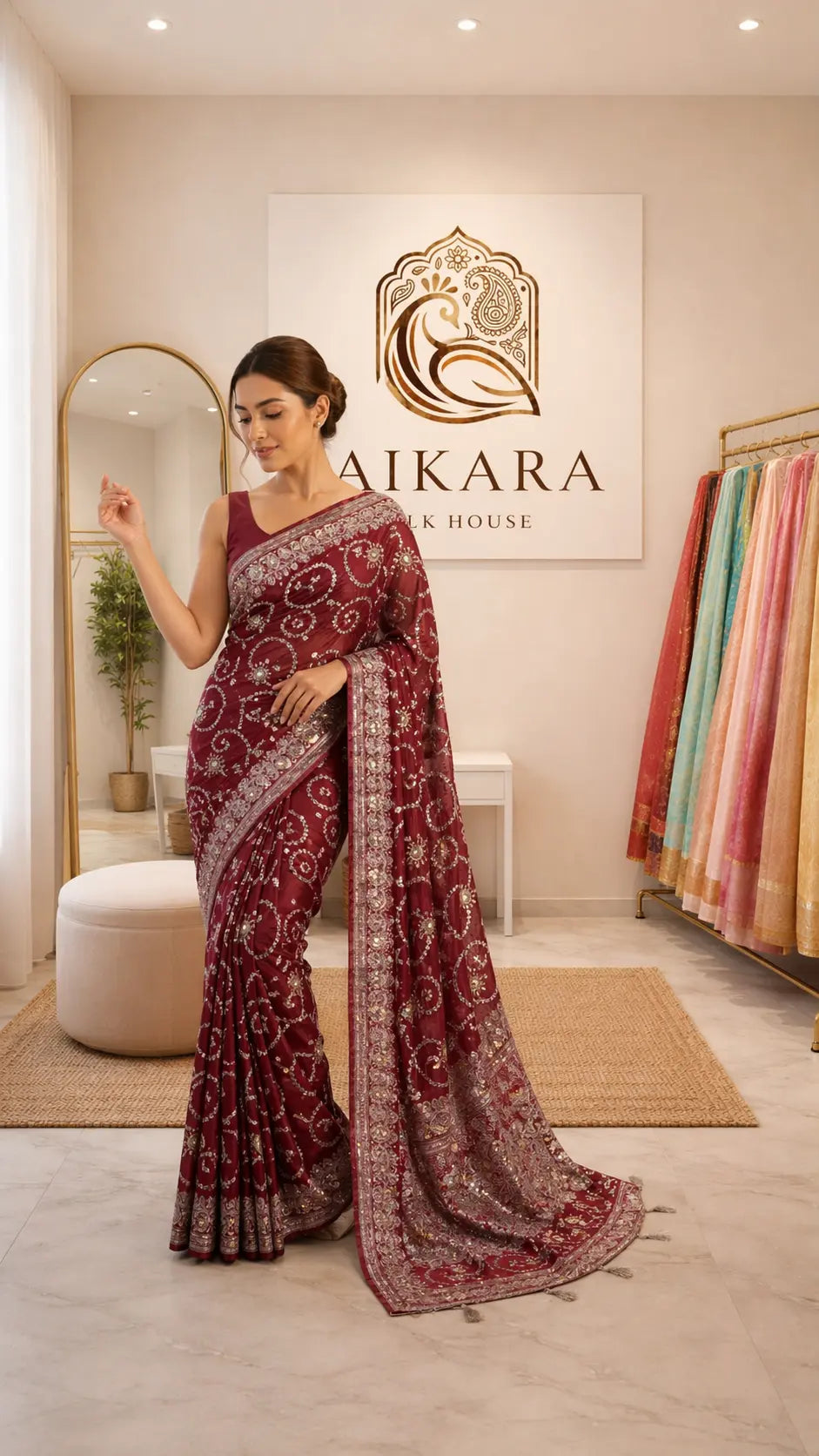 Maroon Semi Satin Silk Zardozi Saree
