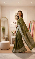 Olive Green Khaddi Georgette Saree with Antique Zari