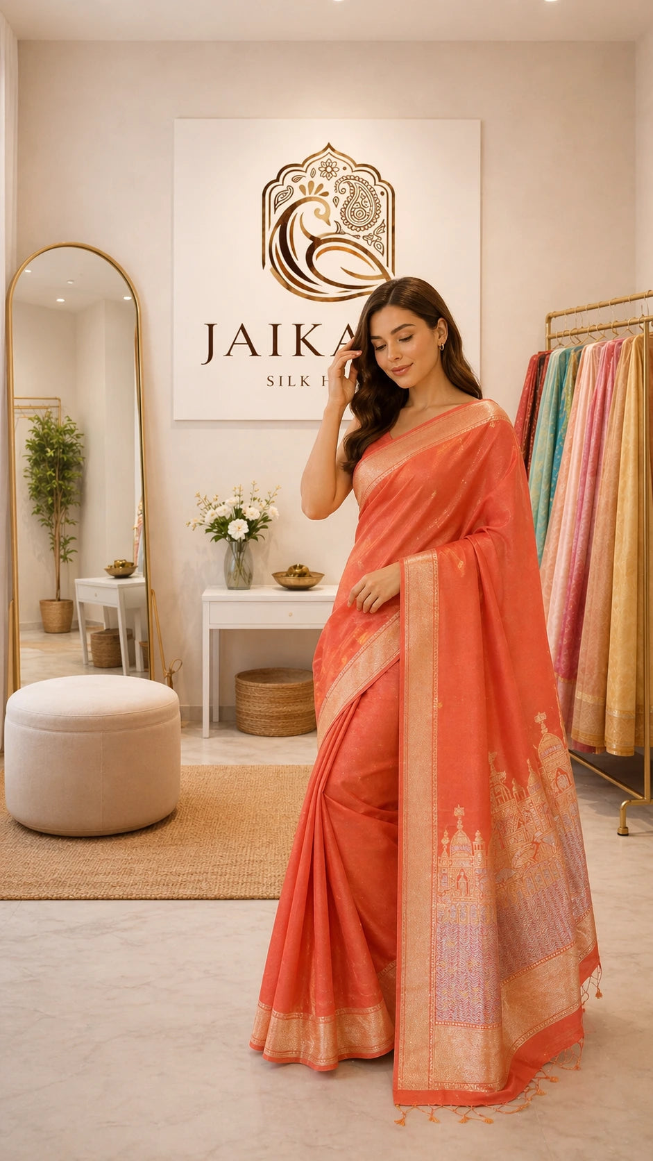 Orange Banaras Ghats Weaved Silk Saree