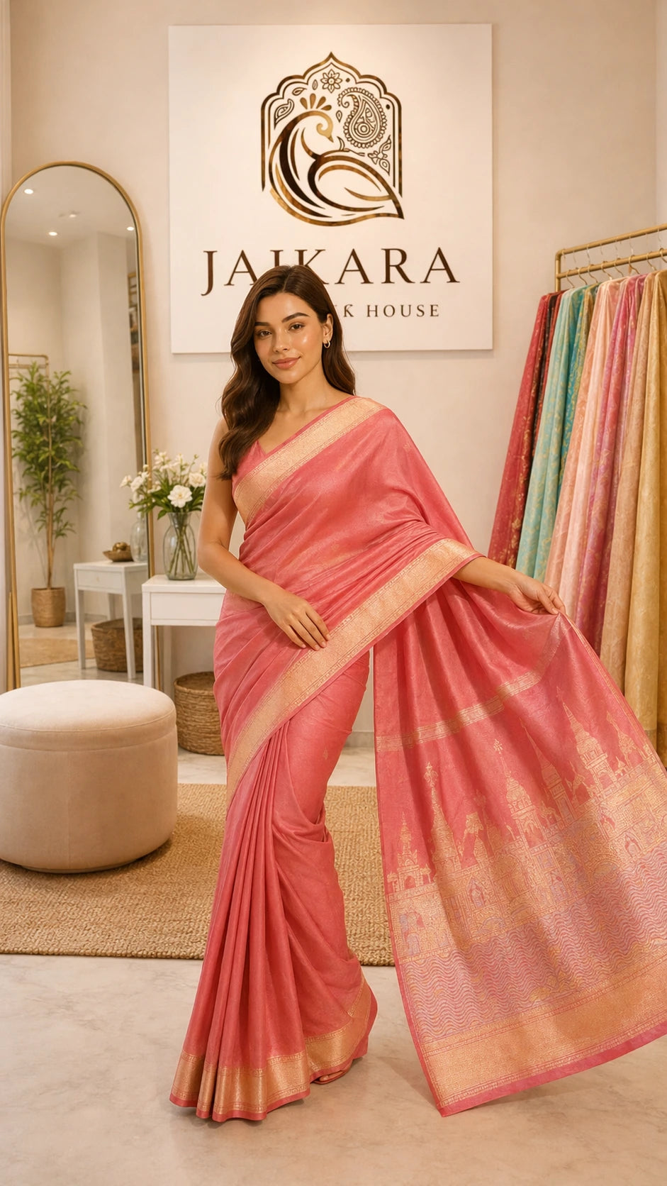 Peach Banaras Ghats Weaved Silk Saree