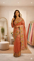 Peach Color Crochet Work Tissue Silk Saree