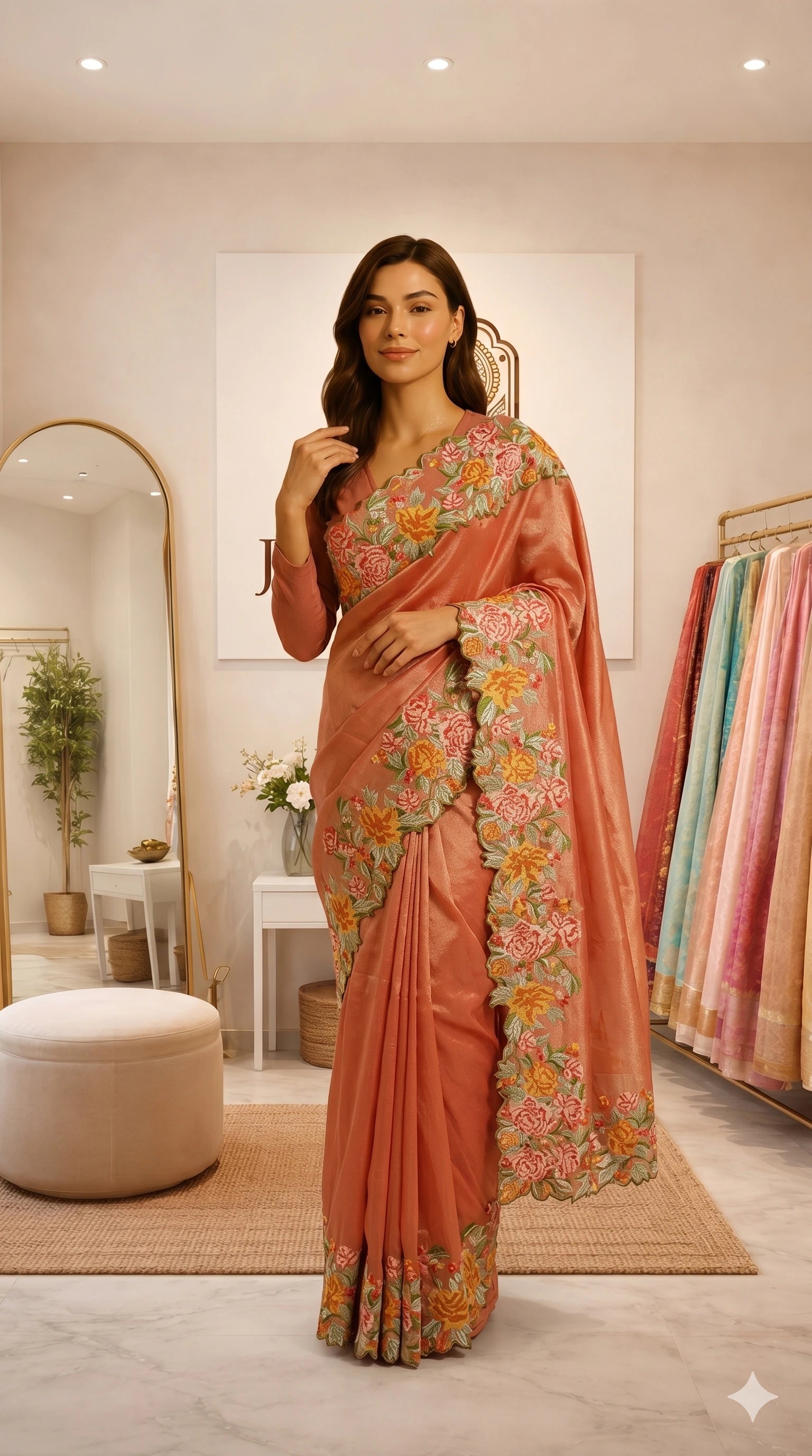Peach Color Crochet Work Tissue Silk Saree