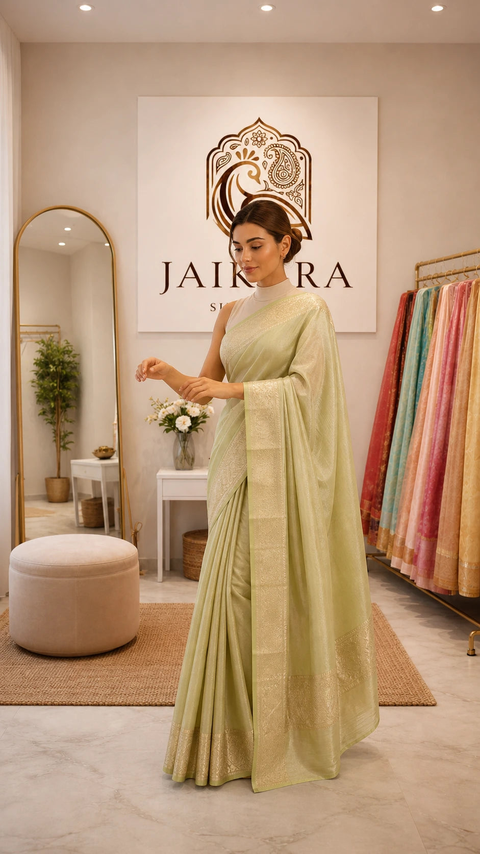 Pista Green Glass Tissue Silk Saree