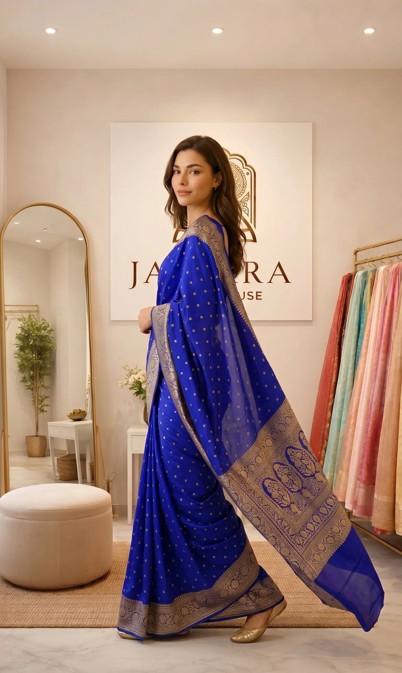Royal Blue Khaddi Georgette Saree with Antique Zari
