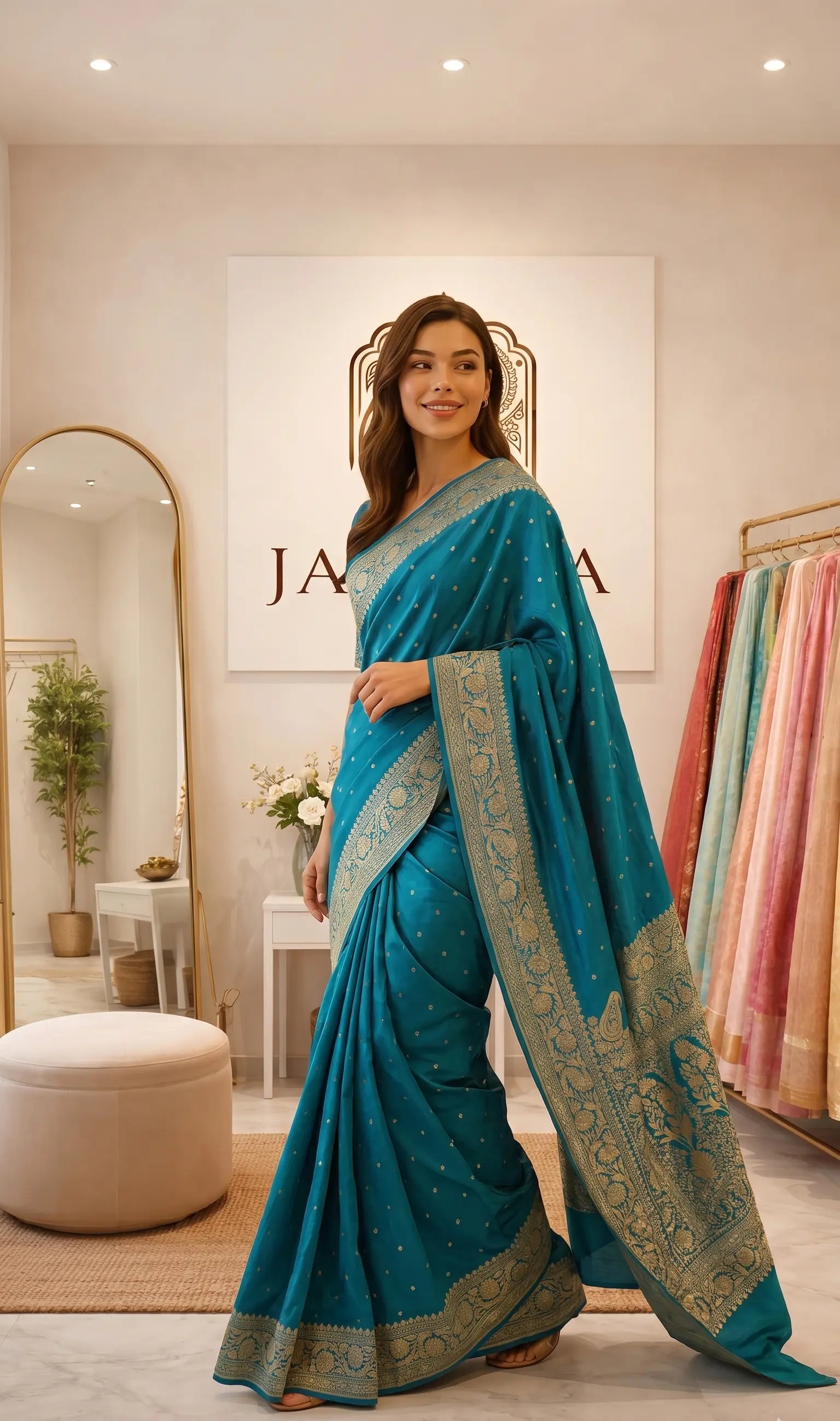 Firozi Khaddi Georgette Saree with Antique Zari