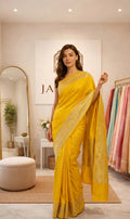 Yellow Khaddi Georgette Saree with Antique Zari
