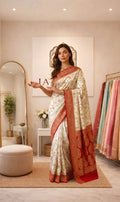 Ivory Pure Chiffon Saree With Crimson Border