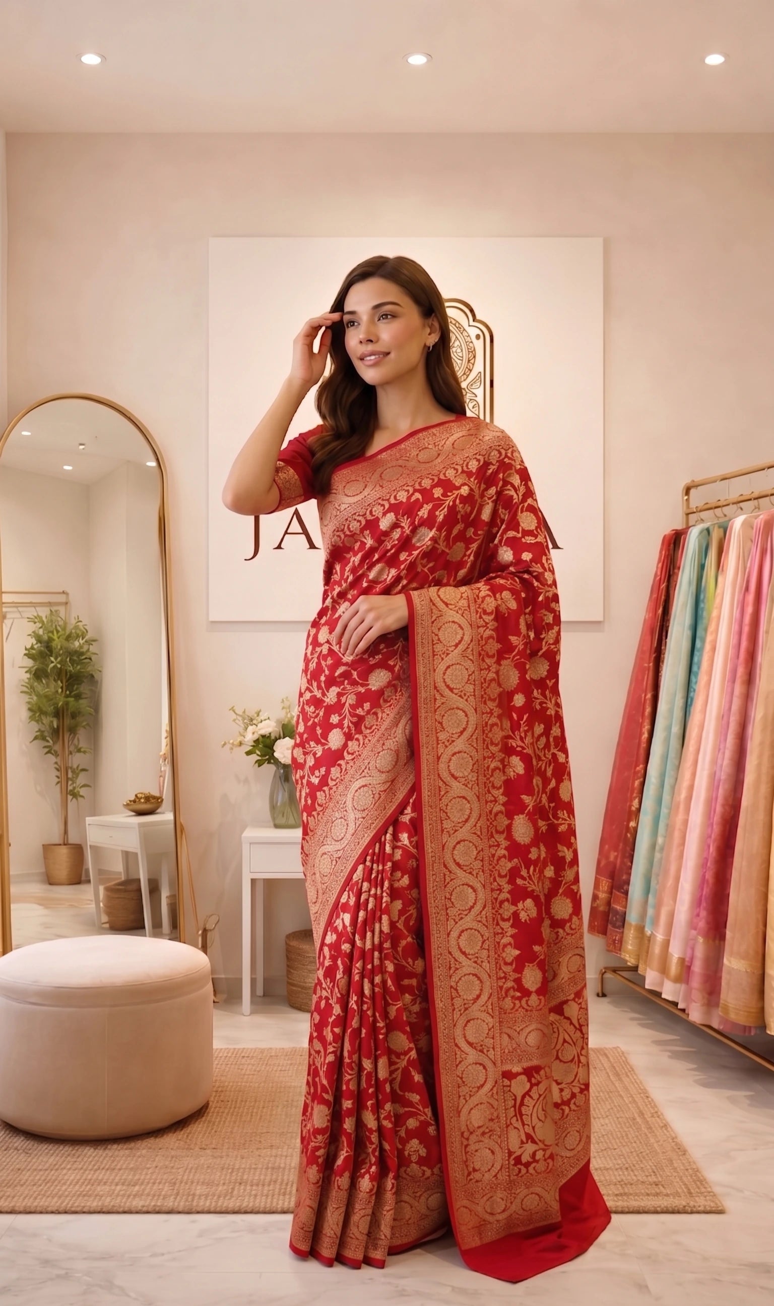 Red Khaddi Georgette Saree with Antique Zari with Jaal Work