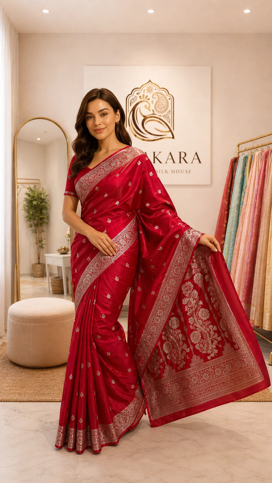 Red Mashru Silk Booti Jaal Saree