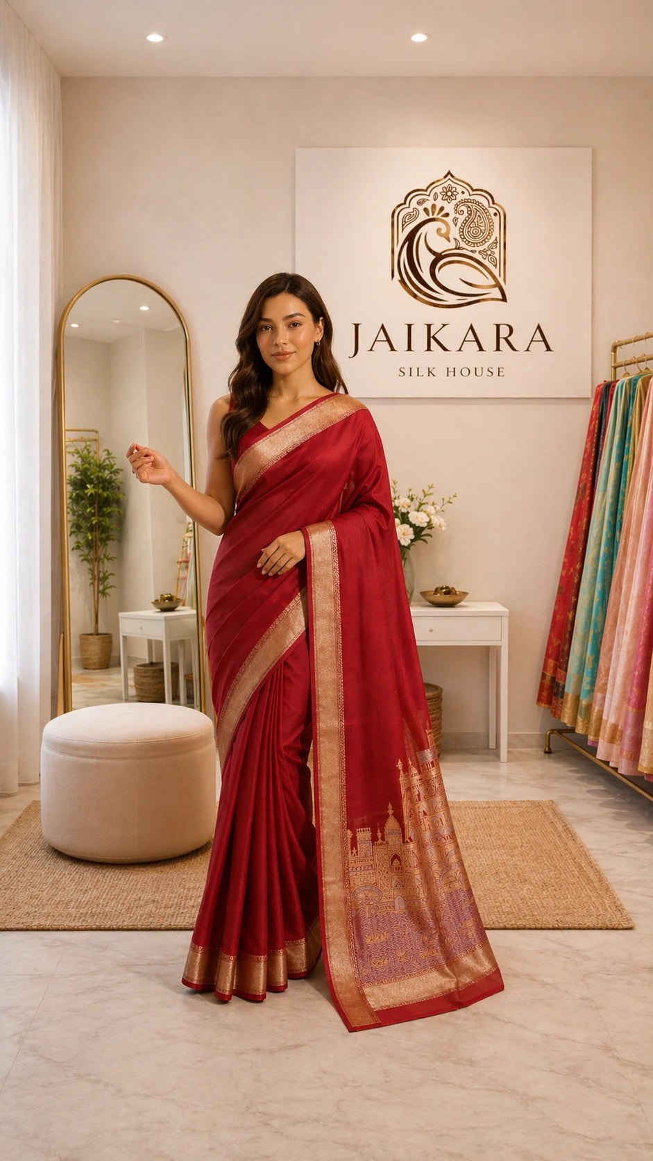 Ruby Red Banaras Ghats Weaved Silk Saree