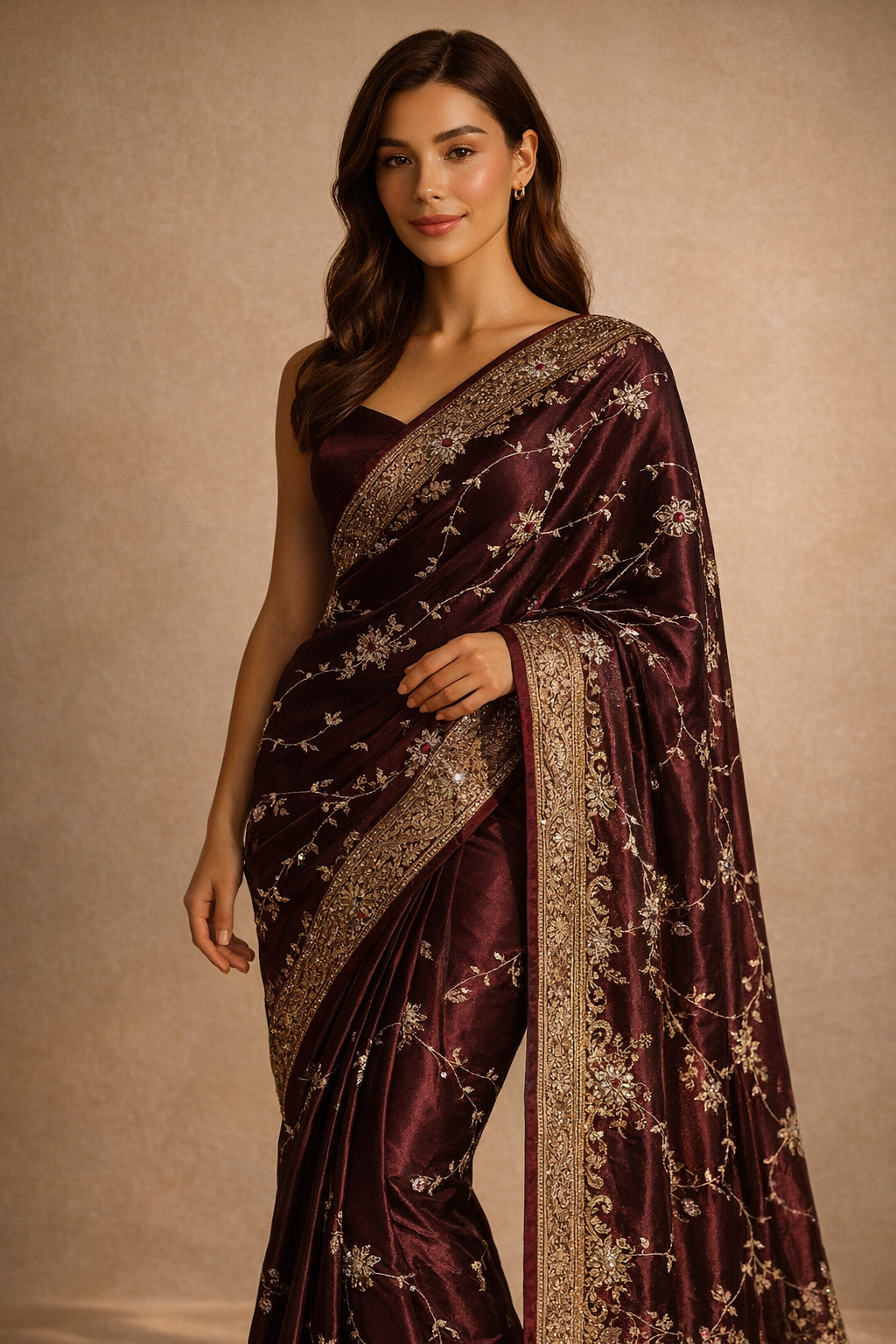 Burgundy Wine Semi Satin Silk Zardozi Saree