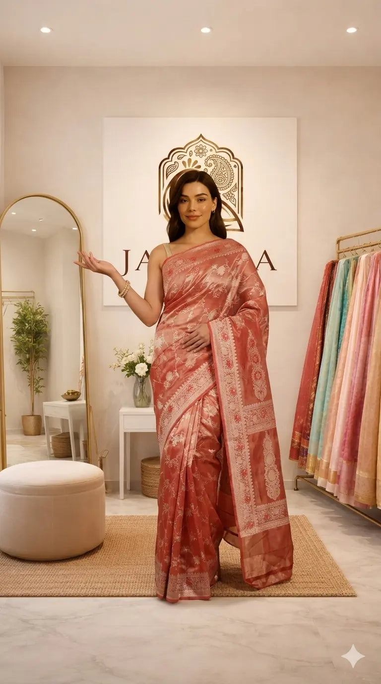 Shade Of Red Pure Tissue Meena Floral Jaal Silk Saree