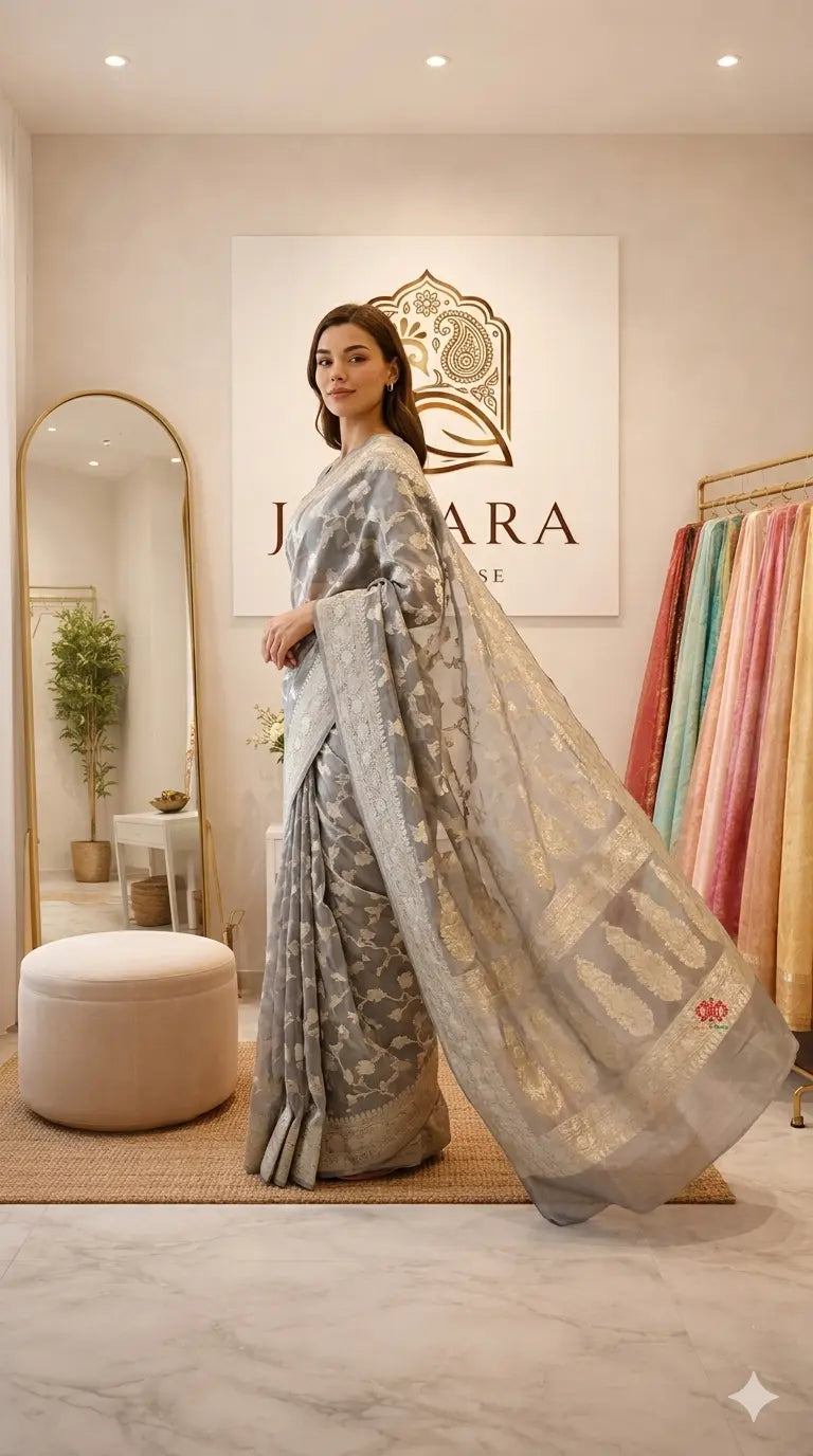 Shade Of White Pure Tissue Meena Floral Jaal Silk Saree