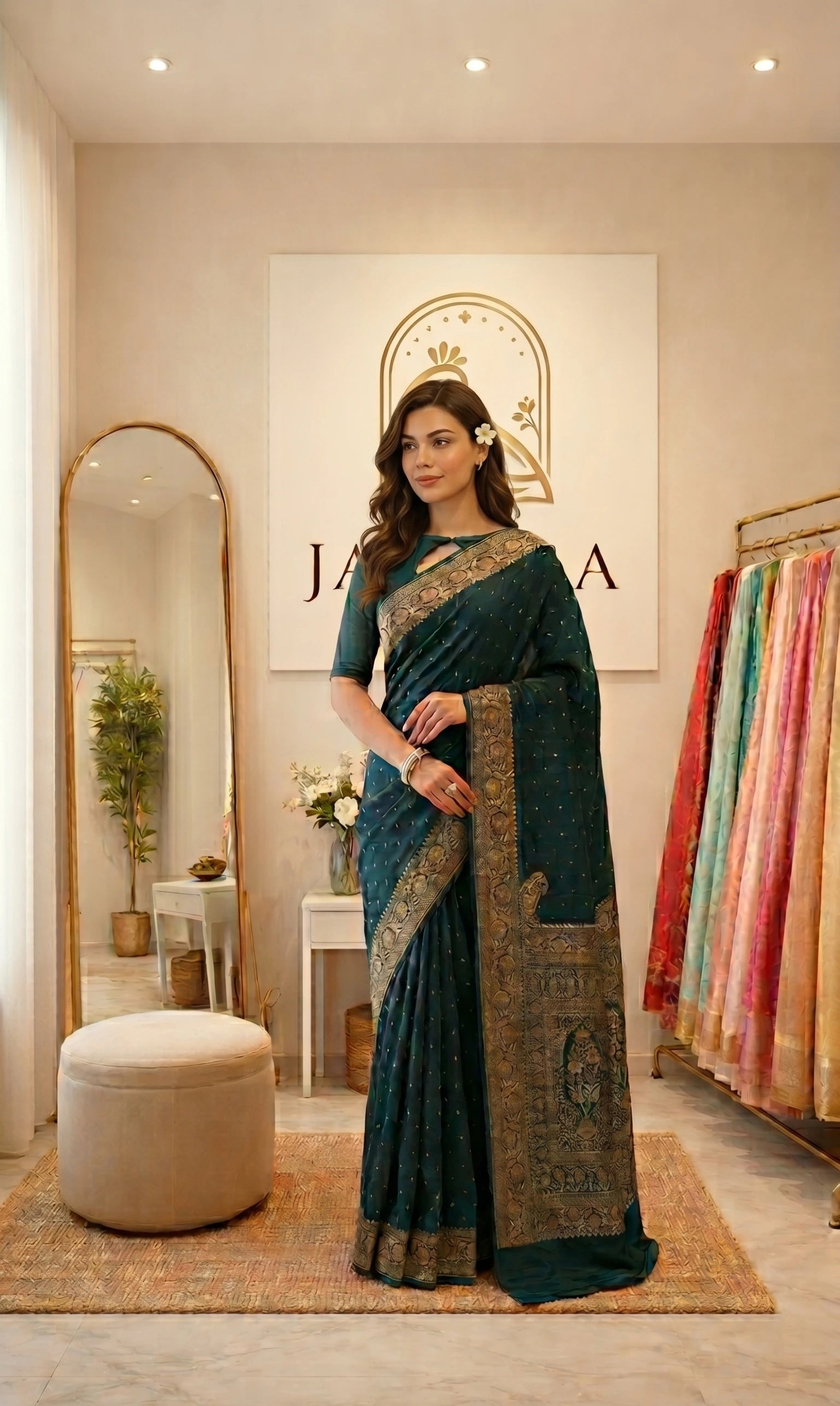 Green Khaddi Georgette Saree with Antique Zari