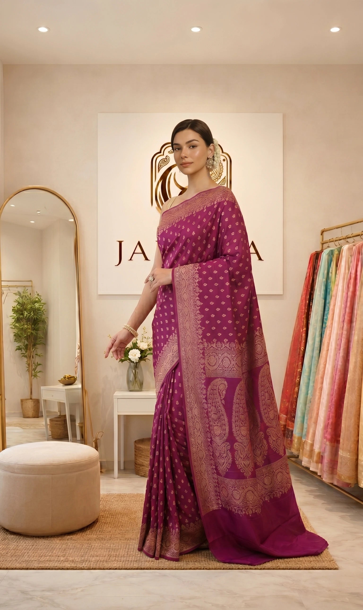 Margenta Shade Khaddi Georgette Saree with Antique Zari
