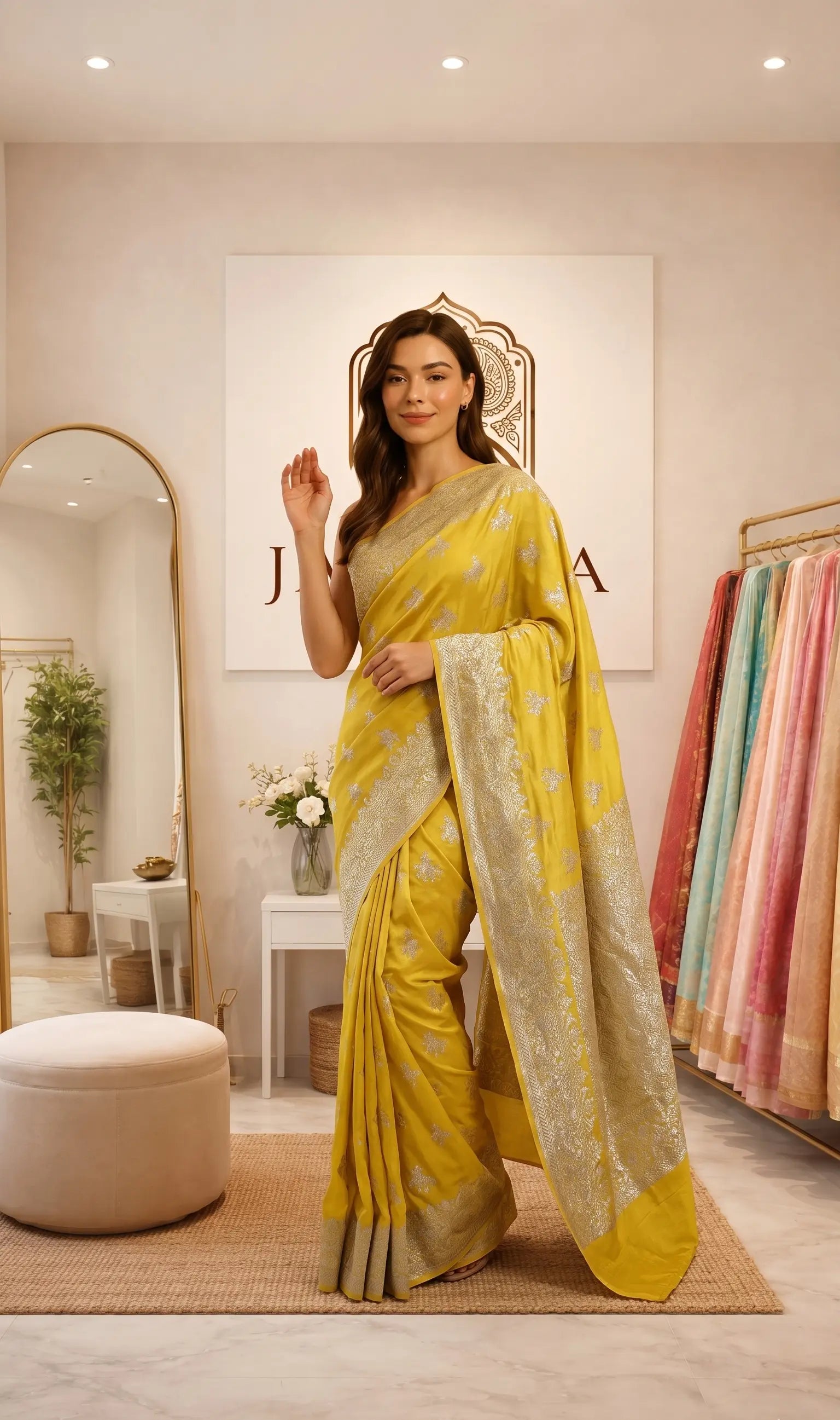 Yellow Shade Khaddi Georgette Saree with Antique Zari