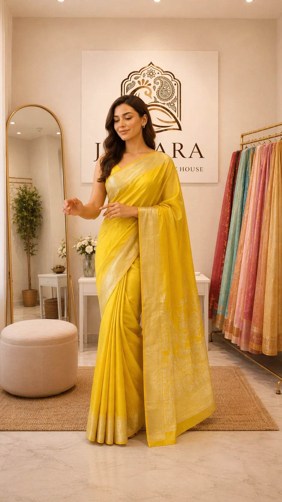 Yellow Banaras Ghats Weaved Silk Saree